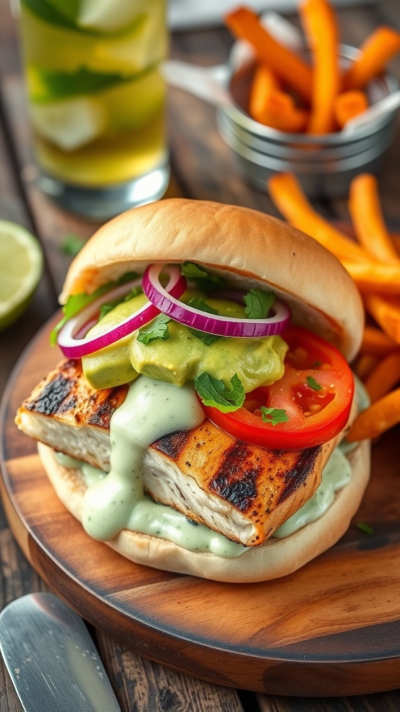 Grilled Mahi Mahi burger with avocado sauce, lettuce, tomato, and red onion on a toasted bun, served with sweet potato fries.